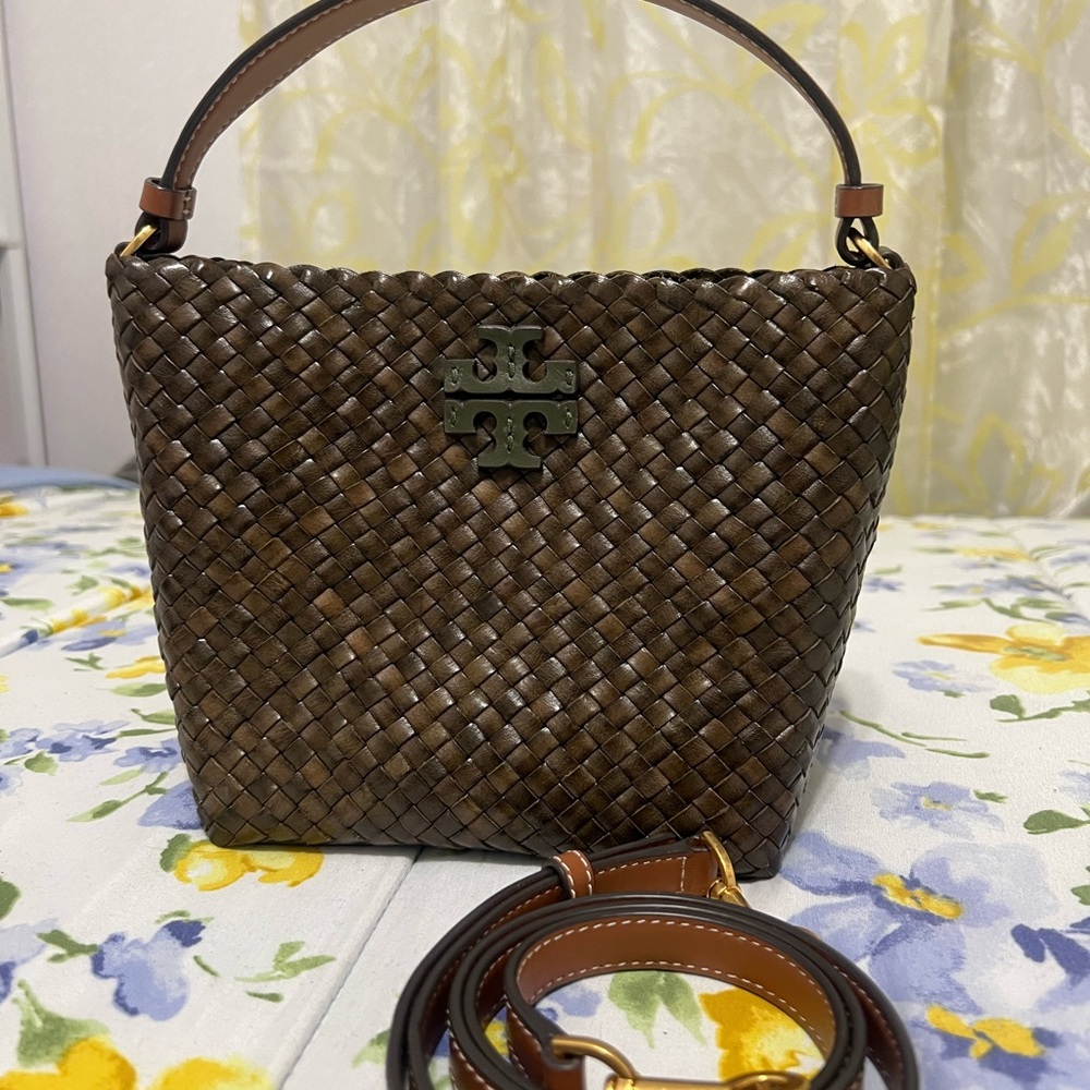 Tory Burch Deep olive green Woven Shoulder Bag with Detachable Strap.